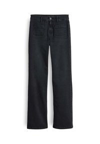 Zwarte rechte jeans met voorzakken, riemlussen en knoopsluiting.