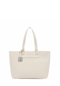 Borsa tote beige realizzata in materiale testurizzato, con design del logo impresso. Include manici corti e un piccolo dettaglio in metallo.