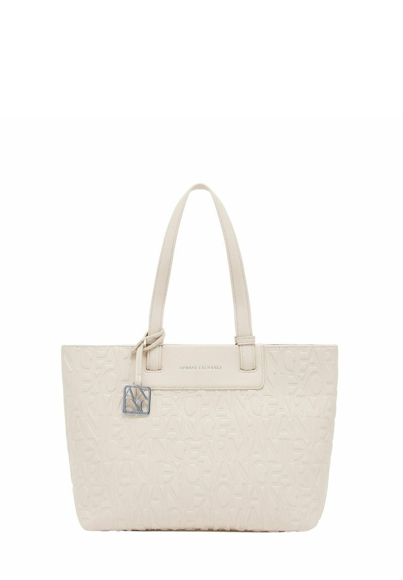 Borsa tote beige realizzata in materiale testurizzato, con design del logo impresso. Include manici corti e un piccolo dettaglio in metallo.