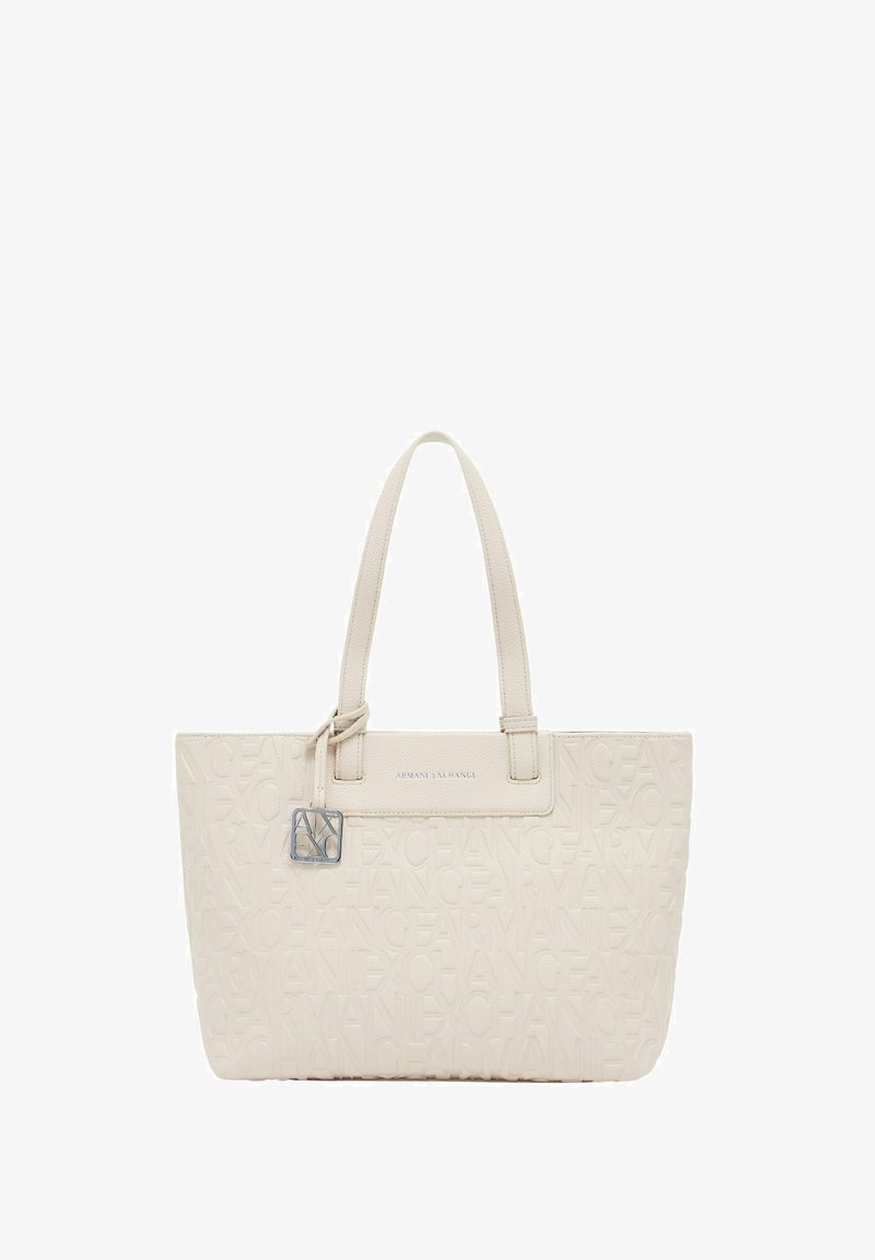 Borsa tote beige realizzata in materiale testurizzato, con design del logo impresso. Include manici corti e un piccolo dettaglio in metallo.