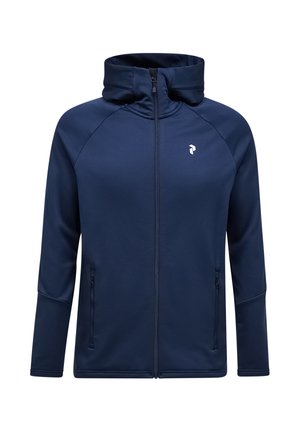 Navy zip-up jacket with a high collar, featuring raglan sleeves, two side pockets, and a small logo on the chest. Made from soft fabric.