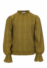 Mosterdgroene blouse met lange mouwen, een geëtste patronen, een gekruiste halslijn en uitlopende manchetten, voorzien van elastische plooien bij de taille en mouwen.