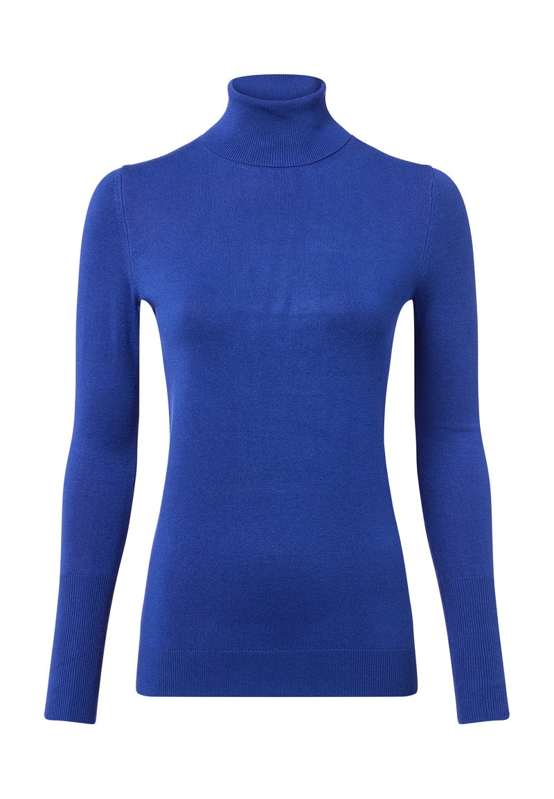 Niebieski sweter z golfem wykonany z gładkiego, lekkiego materiału. Posiada długie rękawy i dopasowany krój z prążkowanym wykończeniem przy szyi i u dołu.