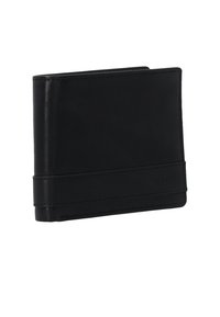 Black leather wallet with a sleek design, bifold shape, smooth texture, and subtle stitching. Features a minimal embossed logo on the band.