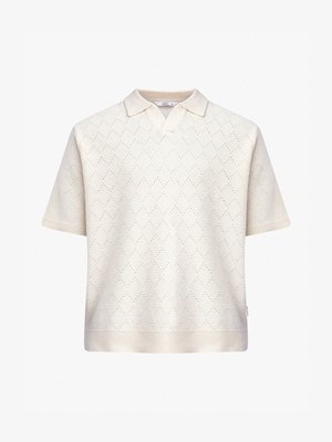 Světle béžový pulovr s krátkým rukávem a véčkovým výstřihem, zdobený diamantovým vzorem a žebrovanými lemy. Vyrobeno z texturované pleteniny.