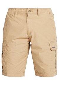Pantaloni cargo color khaki con chiusura a bottone, tasche frontali, tasca laterale cargo e un'etichetta in tessuto con dettaglio della bandiera. Materiale morbido e leggero.