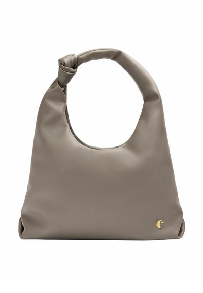 Soft, taupe faux leather bag with a knotted handle, rounded shape, and a gold logo accent on the side. Smooth texture and minimalistic design.