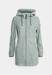 Veste à capuche pour femmes en maille grise avec fermeture éclair frontale, cordons de serrage réglables et deux poches latérales, dotée d'une doublure intérieure lisse.