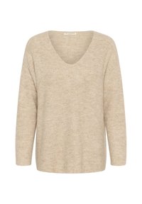 Beige langer Pullover mit tiefem V-Ausschnitt, aus strukturiertem Strickmaterial, mit lockerer Passform und dezentem Muster.
