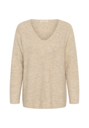 Beige long-sleeve sweater with a deep V-neck, made from textured knit material, featuring a relaxed fit and subtle pattern.