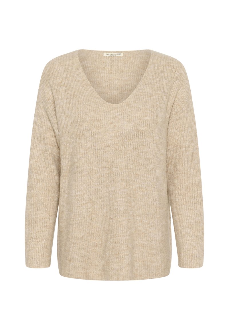 Beige langer Pullover mit tiefem V-Ausschnitt, aus strukturiertem Strickmaterial, mit lockerer Passform und dezentem Muster.