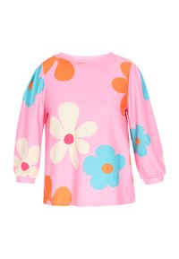 Maglietta a maniche lunghe rosa con grandi motivi floreali in blu, arancione e bianco. Realizzata in un tessuto morbido e elasticizzato con polsini arricciati.