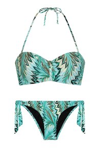 Zweiteiliger Bikini in Türkis mit einem Blättermuster. Das Oberteil hat ein strukturiertes, trägerloses Design mit einer Bindeschleife am Hals; die Unterteile verfügen über verstellbare Seitenschnürungen.