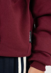 Bordowy sweatshirt z ryflowanym dołem i mankietami, z małą czarną metką "PROHIBITED" z boku. Noszony z ciemnymi spodniami.