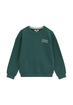 Sweat-shirt vert foncé à col rond avec poignets et ourlet côtelés, avec un texte blanc "The Leisure Sky Lounge" sur la poitrine gauche.