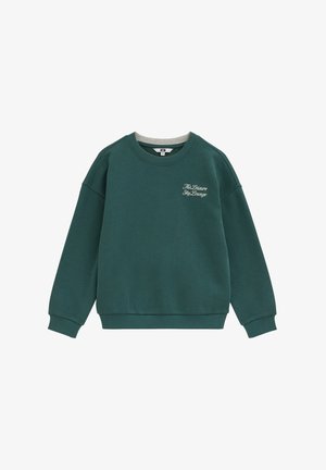 Sweat-shirt vert foncé à col rond avec poignets et ourlet côtelés, avec un texte blanc "The Leisure Sky Lounge" sur la poitrine gauche.