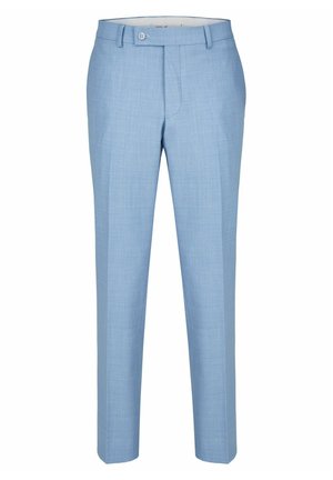 Light blue tailored trousers with a smooth texture, featuring a single front button and a flat front design. Classic, slim-fit silhouette.