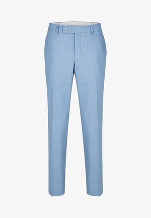 Lichtblauwe op maat gemaakte broek met een gladde textuur, voorzien van een enkele knoop aan de voorkant en een vlakke voorkant. Klassieke, slanke pasvorm.