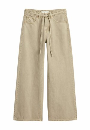 Beige wide-leg pants with front pockets, belt loops, and a fabric tie belt, made from denim material.