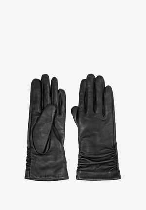 Czarne skórzane rękawiczki o gładkiej strukturze, z pięcioma palcami i marszczeniami przy nadgarstku dla dopasowanego fasonu.