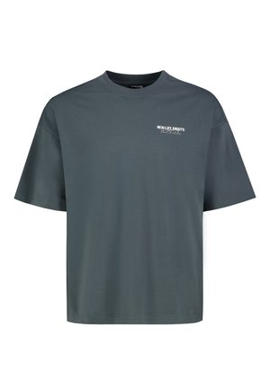 Dark gray short-sleeve t-shirt with round neck and small white text on left chest reading "NEW LIFE AWAITS The Future."
