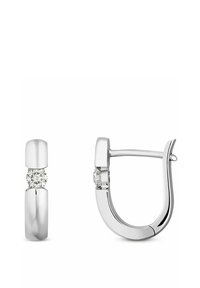 Silberne Creolen mit einem eleganten, abgerundeten Design und einem klaren Edelsteinakzent in der Mitte. Glatte Textur, polierte Oberfläche.