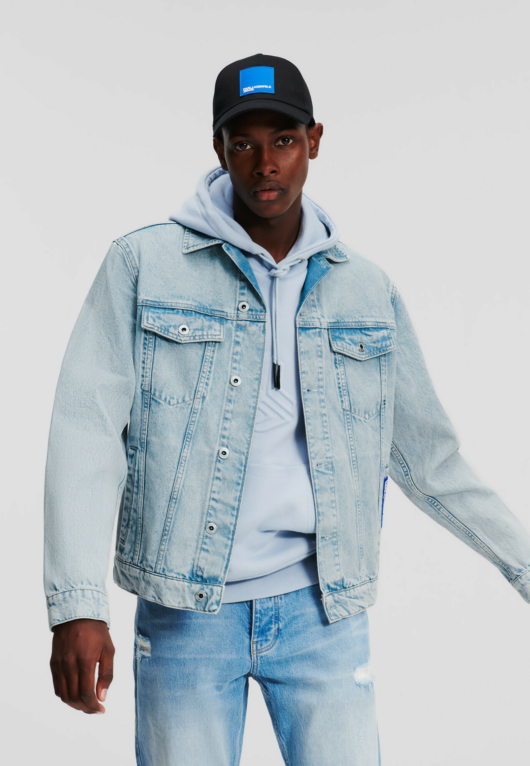 Veste En Jean Homme Karl Lagerfeld Jeans - Coupe Régulière, Gris Foncé Délavé - Logo Cuir Noir Et Blanc