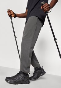 Gray pants and black hiking shoes, featuring textured surfaces and grip soles, with black trekking poles held in a relaxed grip.