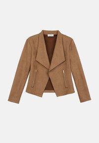 Veste en suède marron avec des revers larges et deux poches zippées verticales, présentée à plat sur fond blanc.