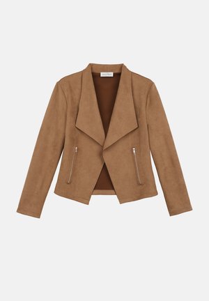 Brun semsket skinnjakke med brede slag og to vertikale glidelåslommer, vist flat på hvit bakgrunn.