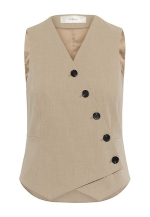 Bezroku bēšs veste ar V-veida izgriezumu, asimetrisku priekšpusi, piecām melnām pogām un gludu, zīdam līdzīgu iekšējo oderi.