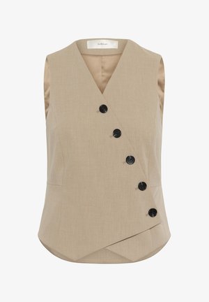 Gilet beige sans manches avec encolure en V, devant asymétrique, cinq boutons noirs et doublure intérieure satinée et lisse.