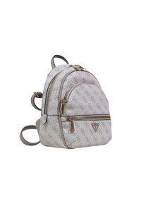 Small beige designer backpack with repeating logo pattern, front and top zippered compartments, and adjustable shoulder straps.