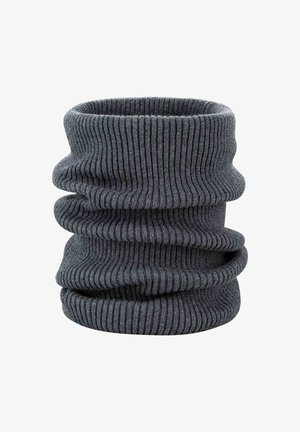 Dunkelgrauer gerippter gestrickter Halswärmer mit einer weichen Textur, der ein nahtloses Design und mehrere Falten für eine anpassbare Passform und Wärme aufweist.