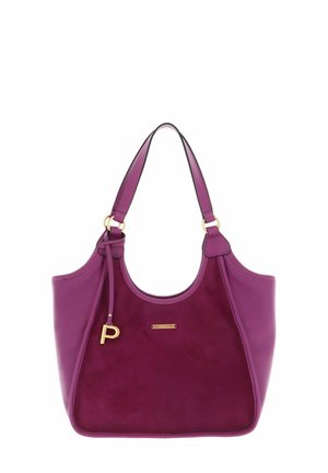 Purple leather shoulder bag with suede accents, curved shape, gold hardware, and a textured keychain detail. Adjustable strap included.