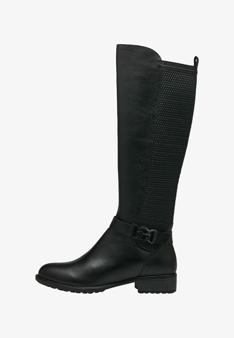 Black knee-high boot made of smooth leather with a textured mesh section. Features a decorative strap and buckle detail, flat sole.