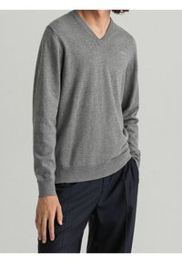 Pull gris à col en V avec manches longues, fabriqué en matière douce. Caractéristiques : poignets et ourlet côtelés, logo discret sur la poitrine, texture lisse.