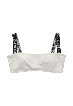 Top bianco stile bandeau con spalline nere e bianche con testo logo "ICEBERG" ripetuto.