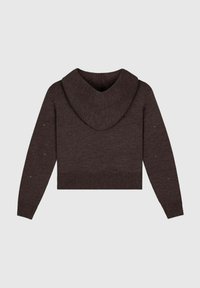 Haut à capuche brun, court, avec un grand col et des poignets côtelés. Présente de petites embellissements sur les manches. Tissu doux, design minimaliste.