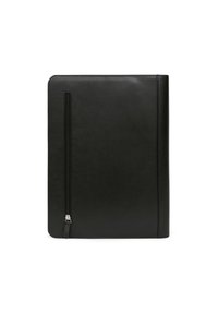 Portfolio in pelle nera testurizzata con una tasca con zip verticale nella parte anteriore, forma piatta e finitura liscia. Design semplice e funzionale.