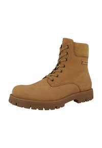 Botas de tobillo marrones hechas de cuero suave con un acento de ante texturizado. Presentan seis ojales, cordones redondos y una suela de goma gruesa y estriada.