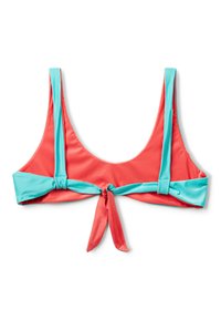 Korálový a tyrkysový bikini top s nastavitelnými ramínky a zavazováním na zádech. Hladká, lesklá tkanina; kulatý výstřih; jednoduchý design.
