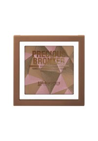 Bronzer multicolor con un design geometrico caratterizzato da tonalità di marrone, rosa e beige, racchiuso in un compact di plastica marrone con coperchio trasparente.