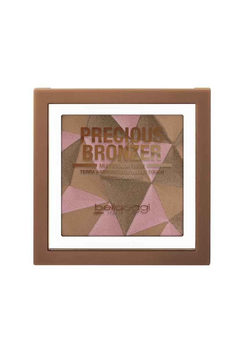 Bronzer multicolor con un design geometrico caratterizzato da tonalità di marrone, rosa e beige, racchiuso in un compact di plastica marrone con coperchio trasparente.