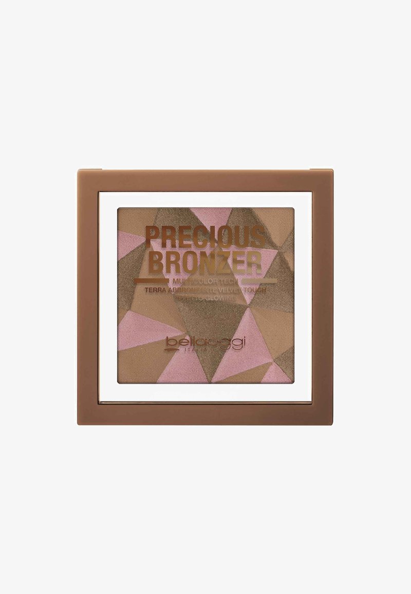 Bronzer multicolor con un design geometrico caratterizzato da tonalità di marrone, rosa e beige, racchiuso in un compact di plastica marrone con coperchio trasparente.