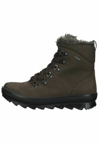 Braune Leder-Stiefelette mit einem strukturierten Fellkragen, ausgestattet mit Metallösen, runden Schnürsenkeln und einer robusten schwarzen Sohle.