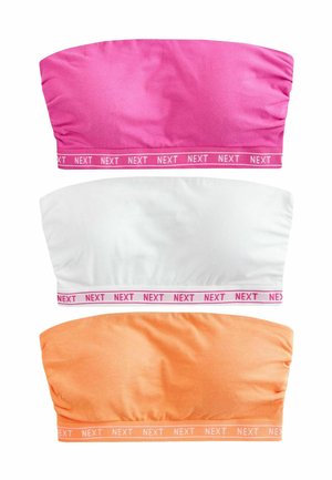 Three bandeau tops stacked vertically in pink, white, and orange with elastic bands labeled "NEXT" in matching colors.