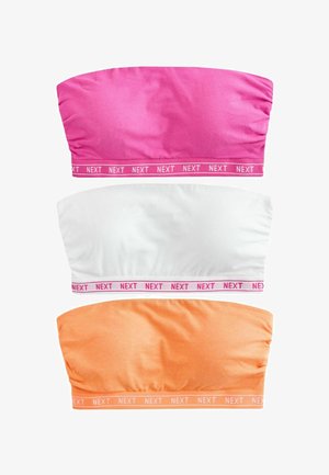 Tre bandeau-tops stablet vertikalt i pink, hvid og orange med elastiske bånd mærket "NEXT" i matchende farver.