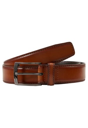 Brown leather belt with a sleek design, featuring a silver-tone metal buckle. Stitched edges and a smooth finish enhance its look.