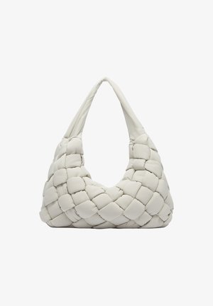 Weiße, gewebte Tasche mit einer weichen, gepolsterten Textur und einer einzigartigen, abgerundeten Form. Sie verfügt über einen einzigen, dicken Tragegriff.